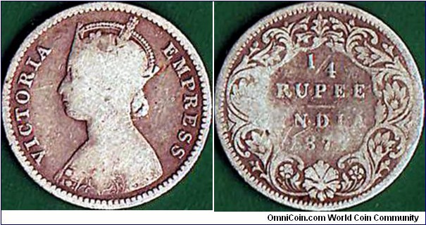 India 1877 1/4 Rupee.

Calcutta Mint.

1/4 Rupee = 4 Annas.