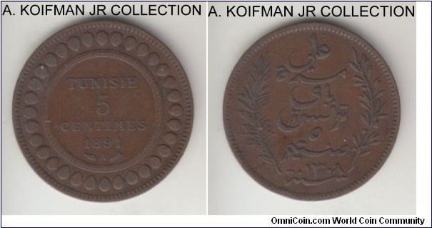 KM-221, AH1308 (1891) Tunisia 5 centimes, Paris mint (A mint mark); bronze, plain edge; Ali Bey III, reform coinage, brown good very fine.