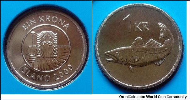 Iceland 1 króna from 2000 mint set. Mintage: 10.000 pcs.