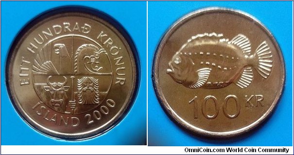 Iceland 100 krónur from 2000 mint set. Mintage: 10.000 pcs.