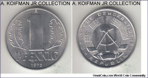 KM-8, 1972 Germany (East) pfennig, Berlin mint (A mint mark); alimuinum, plain edge; circulation type, smallest mintage year, brilliant uncirculated.
