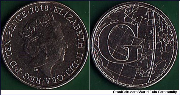 Great Britain 2018 10 Pence.

Letter 'G' - Greenwich Mean Time.