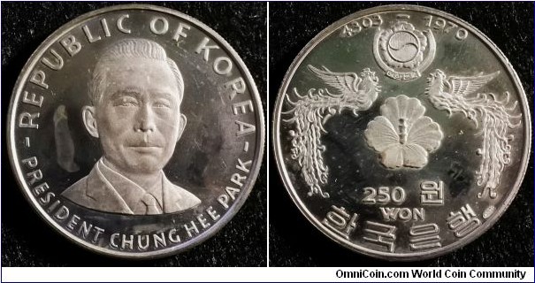 South Korea 1970 250 won, silver proof. 