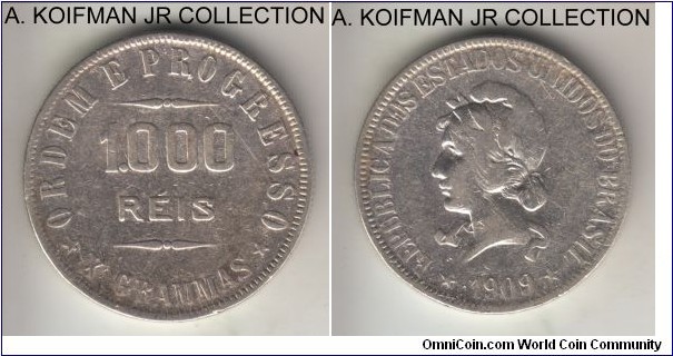 KM-507, 1909 Brazil 1000 reis; silver, reeded edge; Liberty type, fine details, cleaned and polished.