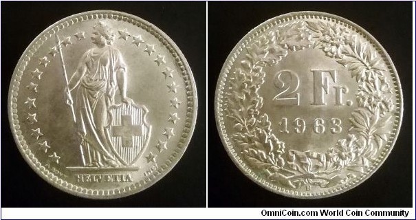 Switzerland 2 francs. 1963 (B) Ag 835. Weight; 10g.