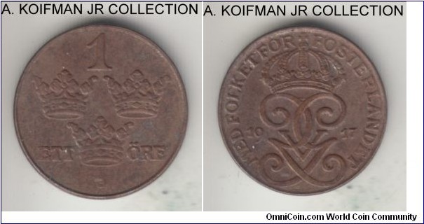 KM-789, 1917 Sweden ore; iron, plain edge; Gustaf V, 3-year type, uncirculated details, typical iron patina.