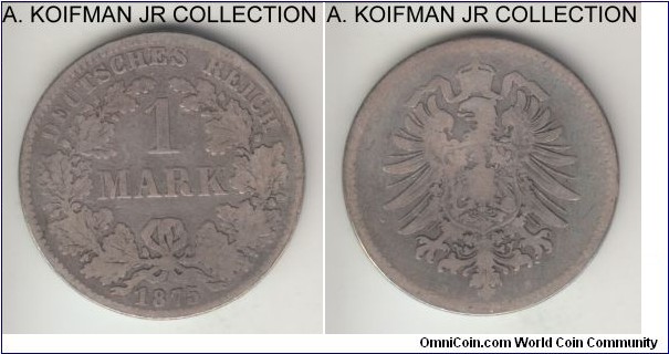 KM-7, 1875 Germany (Empire) mark, Darmstadt mint (H mint mark); silver, reeded edge; Wilhelm I, early unified imperial coinage, well circulated but scarcer mint.