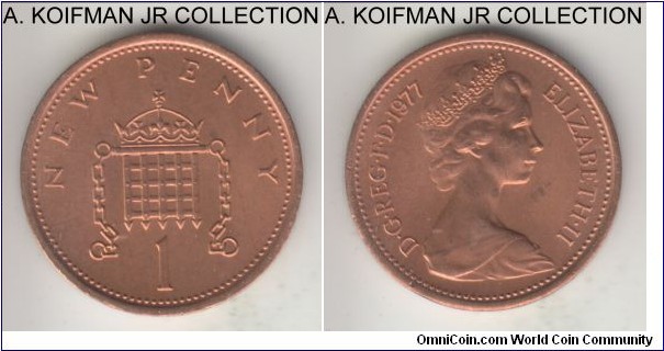 KM-915, 1977 Great Britain penny; bronze, plain edge; Elizabeth II, mostly red uncirculated.