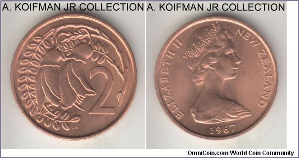 KM-32, 1967 New Zealand 2 cent, Royal Mint; bronze, plain edge; Elizabeth II, circulation issue, red choice uncirculated.