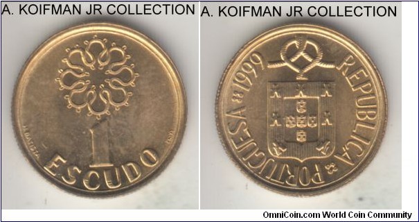 KM-631, 1999 Portugal escudo; nickel-brass, reeded edge; last pre-euro type, bright average uncirculated.