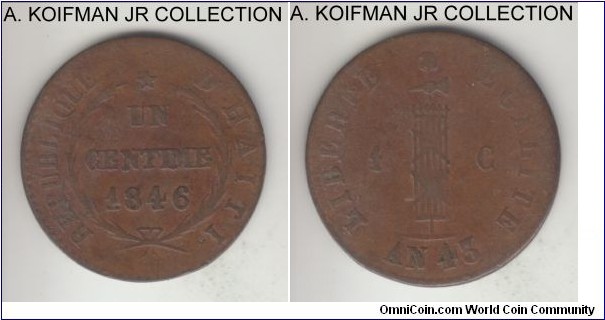 KM-24, 1846//AN 43 Haiti centime; copper, plain edge; small cap, 