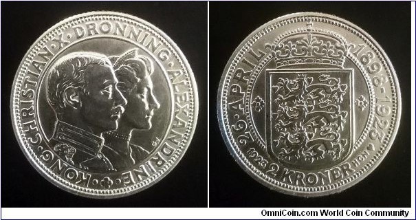 Denmark 2 kroner. 1923, Christian X and Queen Alexandrine - Silver Wedding Anniversary. Ag 800. Weight; 15g. Diameter; 31mm. Mintage: 203.000 pcs.