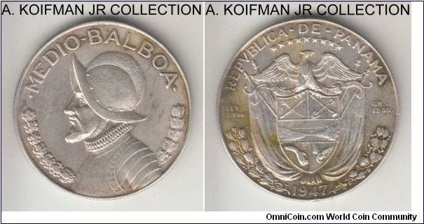 KM-12.1, 1947 Panama 1/2 (medio) balboa; silver, reeded edge; extra fine or so details, some toning and probably cleaned in the past.