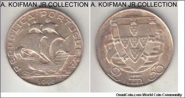 KM-580, 1940 Portugal 2 1/2 escudos; silver, reeded edge; colorfully toned uncirculated, very thin cut/scratch on obverse.