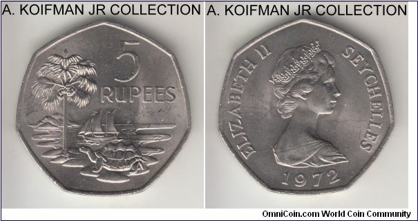 KM-19, 1972 Seychelles 5 rupees, Royal Mint; copper-nickel, 7-sided flan, plain edge; Elizabeth II, 1-year type, well struck uncirculated from the aftermarket mint set.