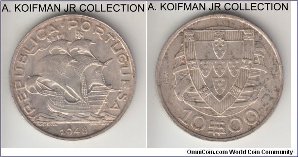 KM-582, 1948 Portugal 10 escudos; prova, silver, reeded edge; trial (prova) version of the circulation issue and scarce as such, toned uncirculated.