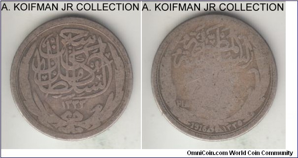 KM-317.1, AH1335 - 1916 Egypt 2 piastres; silver, reeded edge; Sultan Hussein Kamil, well circulated, denomination is worn but date is clear.