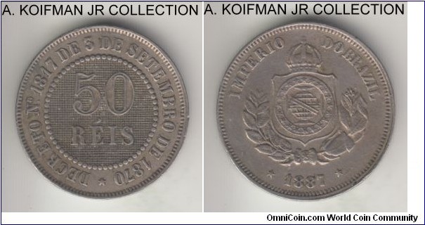 KM-482, 1887 Brazil (Empire) 50 reis; copper-nickel, plain edge; Pedro II late rule, very fine or about.