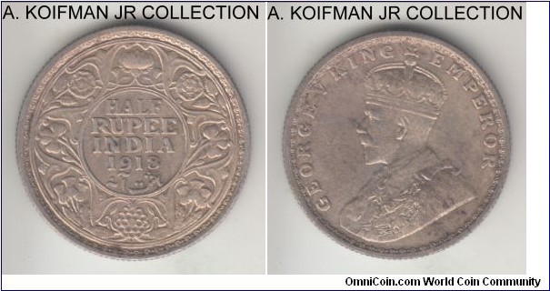 KM-522, 1918 British India 1/2 rupee, Bombay mint (dot under lotus); silver, reeded edge; George V, good extra fine.