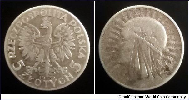 Poland 5 złotych. 1934, Mint Warsaw. Ag 750 (II)