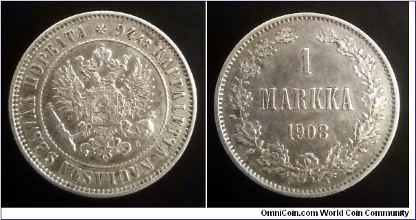 Finland (Grand Duchy) 1 markka. 1908 L. Ag 868. Weight; 5,18g. Diameter; 24mm. Mintage: 153.000 pcs.