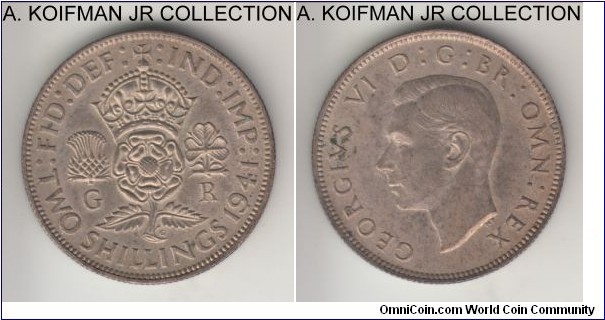 KM-855, 1941 Great Britain florin (2 shillings); silver, reeded edge; George VI, average uncirculated and toned.