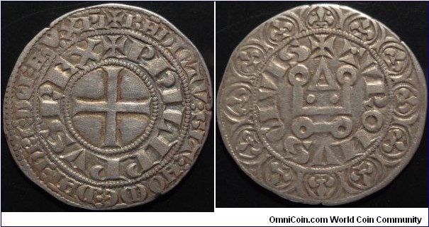 AR Gros Tournois with round 'O' of Philippe IV (Le Bel), ca 1290-1295.