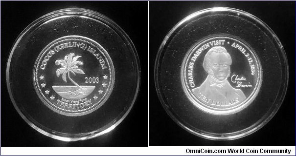 Cocos (Keeling) Islands 10 dollars. 2003, Charles Darwin’s visit to the island in 1836. Ag 999. Weight; 7,81g. Diameter; 27,25mm. Mintage: 2.000 pcs.