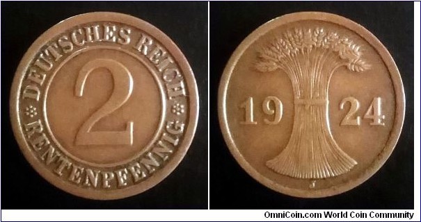 Germany (Weimar Republic) 1 rentenpfennig. 1924 J