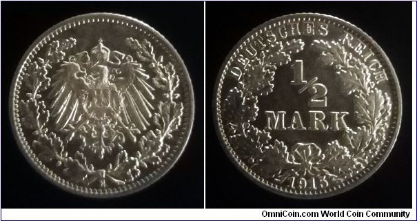 German Empire 1/2 mark. 1915 E - Muldenhütten. Ag 900. Weight; 2,77g. 