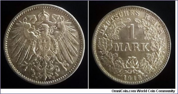 German Empire 1 mark. 1915 E - Muldenhütten. Ag 900. Weight; 5,55g.