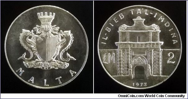 Malta 2 liri. 1973, Ta'l-Imdina Gate. Ag 835. Weight; 20g. Diameter; 38,2mm. Mintage: 30.000 pcs.