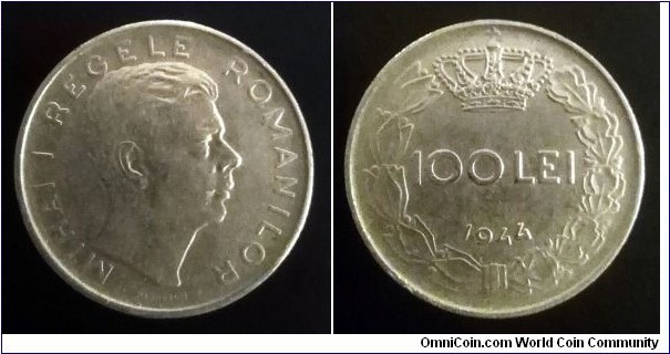 Romania 100 lei. 1944, Mihai I. Nickel plated iron.