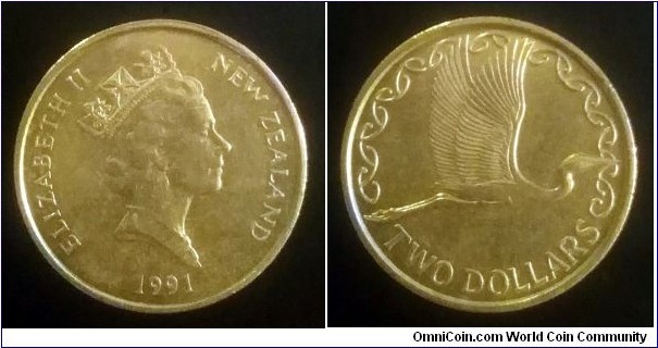 New Zealand 2 dollars. 1991