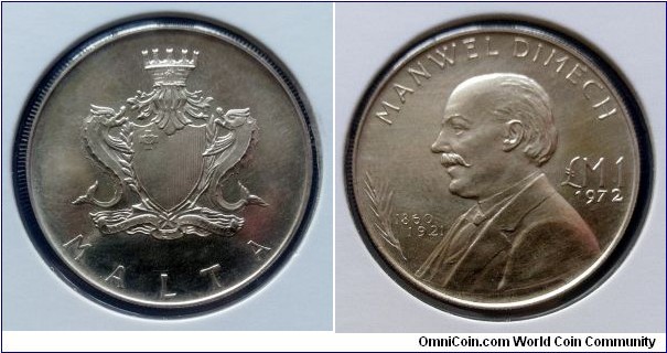 Malta 1 lira. 1972, Manwel Dimech. Ag 987. Weight; 10g. Diameter; 32,2mm. Mintage: 55.000 pcs.