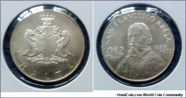 Malta 2 liri. 1974, Francesco Abela. Ag 987. Weight; 10g. Diameter; 32mm. Mintage: 25.000 pcs.