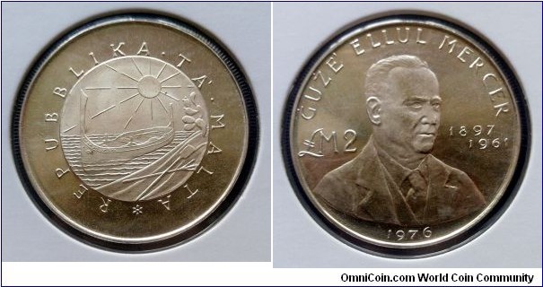 Malta 2 liri. 1976, Guze Ellul Mercer. Ag 987. Weight; 10g. Diameter; 32mm. Mintage: 11.000 pcs.