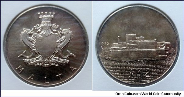 Malta 2 liri. 1972, Fort St. Angelo. Ag 987. Weight; 20g. Diameter; 38,2mm. Mintage: 53.000 pcs.