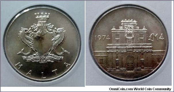 Malta 4 liri. 1974, Cottonera Gate. Ag 987. Weight; 20g. Diameter; 38,2mm. Mintage: 24.000 pcs.