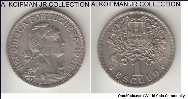 KM-578, 1968 Portugal escudo; prova, copper-nickel, reeded edge; test (prova) issue, rare and undocumented, uncirculated.