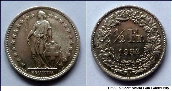 Switzerland 1/2 franc. 1958 B, Ag 835.