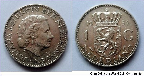 Netherlands 1 gulden. 1954, Ag 720.