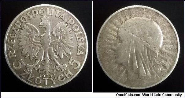 Poland 5 złotych. 1932, Mint London. Ag 750. (III)