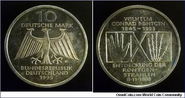 Germany 10 mark. 1995 D, Wilhelm Conrad Röntgen. Ag 625. Weight; 15,5g. Diameter; 32,5mm. 