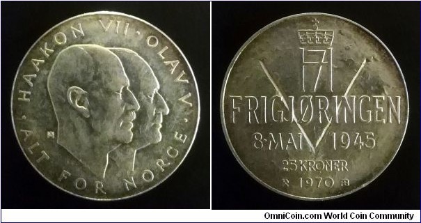 Norway 25 kroner. 1970, 25th Anniversary of Liberation. Ag 875. Weight; 29g. Diameter; 39mm.