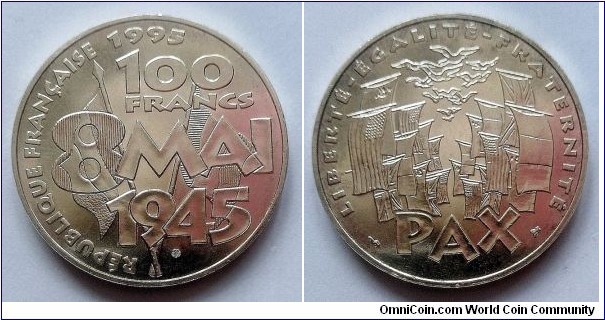 France 100 francs. 1995, 50th Anniversary of the End of World War II. Ag 900. Weight; 15g. Diameter; 31mm.