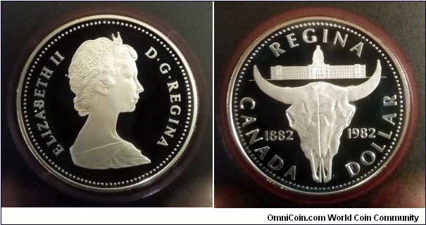 Canada 1 dollar. 1982, Regina Centennial. Ag 500.Weight: 23,32g. Diameter; 36mm. Proof. 