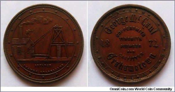 New Zealand - George McCaul, Grahamstown 1874 1 penny trade token. 