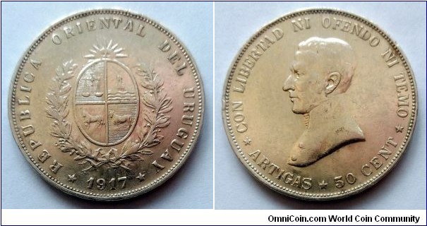 Uruguay 50 centesimos. 1917, Ag 900. Weight; 12,5g. Diameter; 30,4mm. Mintage: 5.600.000 pcs.