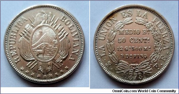 Bolivia 1/2 boliviano (50 centavos) 1873 PTS, Ag 900. Weight; 12,5g. Diameter; 29,6mm. 